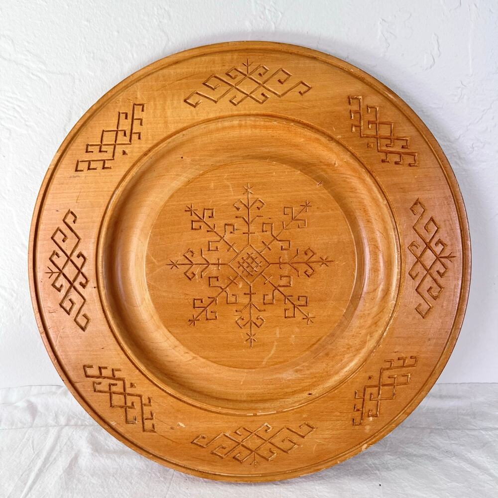 Vintage Polish Folk Art Hand Carved Wood Serving Plate 12" Traditional Heritage